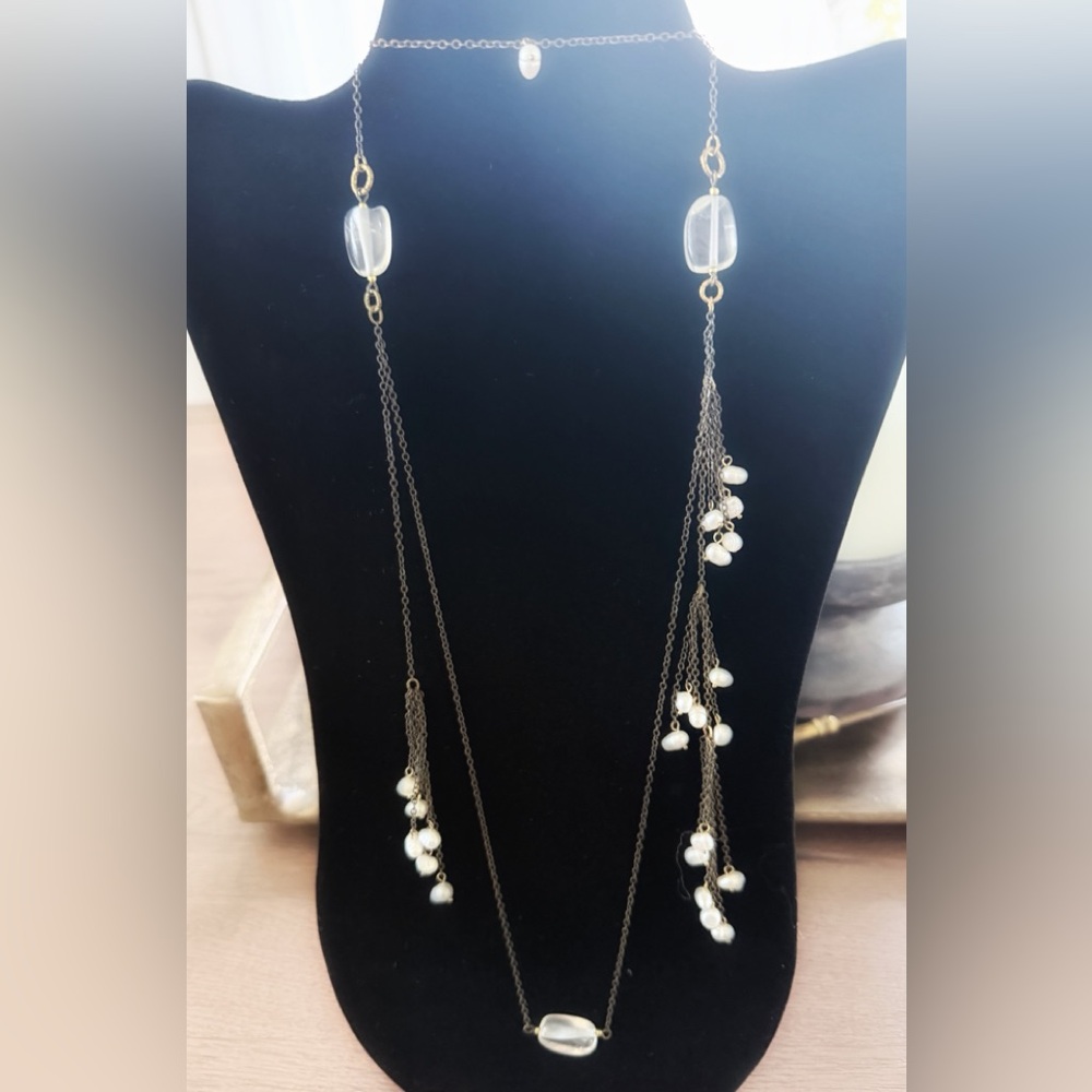 Vintage French Multi-Strand Oval Link Chain Necklace with White Baroque Pearls